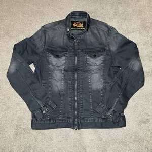 Superdry Jacket Mens Large Navy Copper Denim Black Bomber Military Biker Pockets - Picture 1 of 11