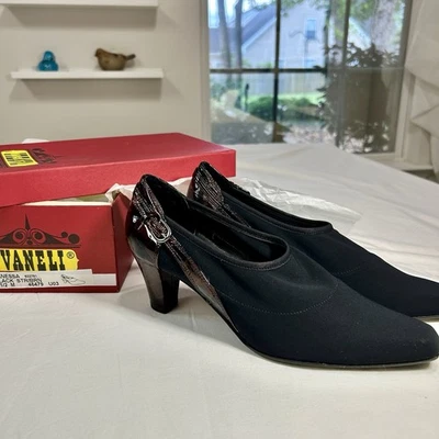Zapatos de salón VANELi Vanessa elásticos negros con ribete de charol marrón - Talla 8,5 M - Nuevos en caja Foto 1 de 4