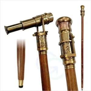 Antique Brass Engraved Walking Cane with Compass & Telescope on Top Spyglass New - Picture 1 of 7