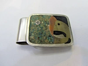 Vintage Sterling Silver 925 Multicolor Inlay Money Clip - Picture 1 of 6