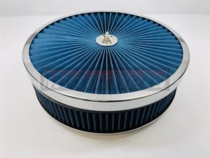 14"x3" Chrome Blue High Flow Thru Washable Air Cleaner SBC BBC Hot Rod Flat base - Bild 1 von 4