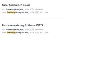 Zugticket Frankfurt-Freiburg 16.04.2025 - Bild 1 von 1