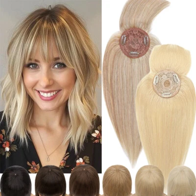 Clip In Remy Human Hair Piece Topper Women Hairpiece Toupee Mono/Silk Base Bangs - Image 1 of 4