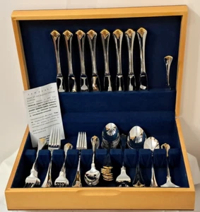 YAMAZAKI CARA STAINLESS GOLD ACCENT FLATWARE 62 PIECE SET WITH WOODEN BOX NWOT - Picture 1 of 8