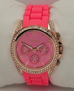 Ladies Geneva Round Rose Gold Tone Pink Poly Band Sparkly Analog Watch H7 - Picture 1 of 8