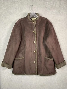 L.L. Bean Faux Suede Jacket Womens LP Large Petite Brown Button Up Sherpa Lined - Picture 1 of 14