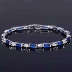 3.5ct Baguette Simulated Blue Sapphire/CZ Tennis Bracelet 14k White Gold Plated - Picture 1 of 6