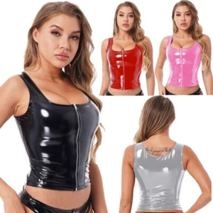 Gilet donna in pelle crop top cerniera camicia canottiera abbigliamento da club ballo abbigliamento da festa - Foto 1 di 44