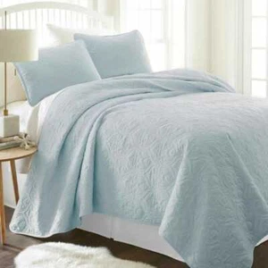 Damask 3-Pieces Set Microfiber Quilted Coverlet King/California-King, Pale Blue - Picture 1 of 9