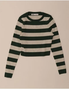 ZARA Womens Crop Crew Neck Jumper Sweater UK 12 Medium Green Striped BU14 - Picture 1 of 3