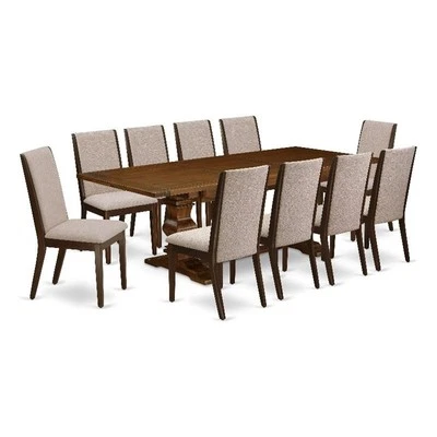 East West Furniture Dinner Table and 10 Light Tan Chair in Antique Walnut - Image 1 of 4