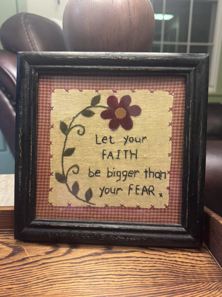 Country Primitive Framed Sampler Stitchery Distressed Wood Frames 8”x8” - Image 1 of 4