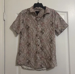 Neu mit Etikett Magaschoni lässiges geknöpftes Herrenhemd beige & pink bedruckt Kurzarm Small - Bild 1 von 5