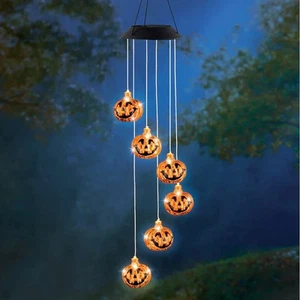Solar LED Lighted Jack-O-Lantern Halloween Garden Wind Chime Mobile Dangler - Picture 1 of 1
