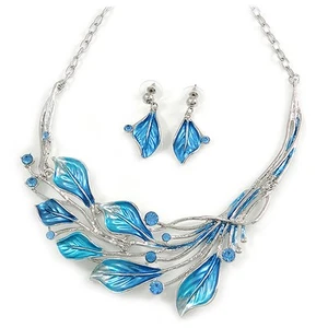 Matt Blue Enamel, Crystal Leaf Necklace and Drop Earrings In Rhodium Plating - - Picture 1 of 6