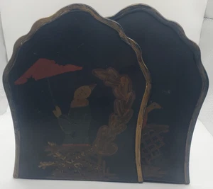 Centrum 1990 Vintage Chinese Bookends Black/Gold/Red Hand-Painted Metal Signed - Bild 1 von 7