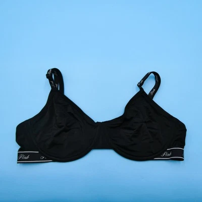 Sujetador sin forro con logotipo de algodón negro Victorias Secret 36C lencería sin relleno para mujer Foto 1 de 4