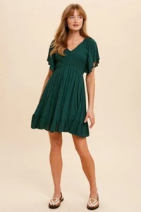 In Loom Women's Emerald V-Neck Smocked Flutter Sleeve Mini Dress Size Small - Picture 1 of 5