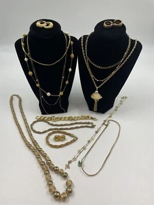 Lot Gold Tone Jewelry Trifari Monet Avon Napier 15 Pieces Necklace Earrings VTG - Picture 1 of 24