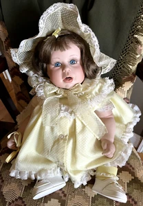VTG 1987 Ceramic/Cloth DeHetre Punkin Baby Girl Doll Blue Eye Eyelash Brown Hair - Picture 1 of 16