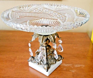 VTG. Large Monarch Crystal and Brass Compote with Prisms on Marble Base Italy - Picture 1 of 13