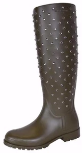 NEW YSL Yves Saint Laurent Green Crystal Studded Tall Rubber Rain Boots Shoes - Picture 1 of 12