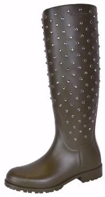 NEW YSL Yves Saint Laurent Green Crystal Studded Tall Rubber Rain Boots Shoes - Image 1 of 4