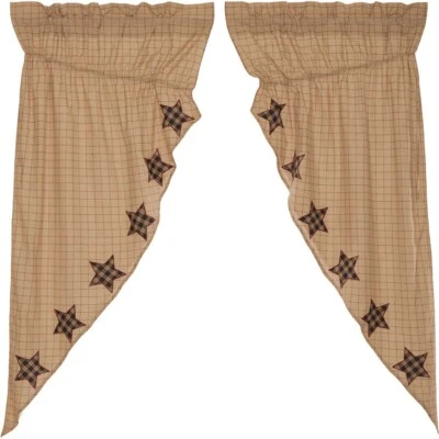 63" L Tan Red Windowpane Check w/ Stars Drawstring Prairie Curtains Bingham Star - Image 1 of 4