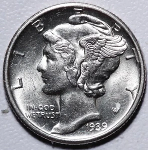 Moneda de diez centavos Mercury 1939-D - sin circular - ¡Con rueda de carro como nueva brillo y bandas divididas completas! - Imagen 1 de 5