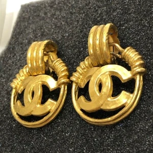 CHANEL Vintage Earrings Coco Logo Round Hollow Motif Gold Plate 94P - Picture 1 of 7