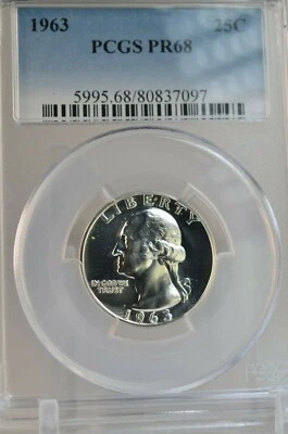 PR68 1963 SILVER WASHINGTON QUARTER PCGS GRADED 25C PROOF RARE UNC. COIN PR 68 - Image 1 of 4