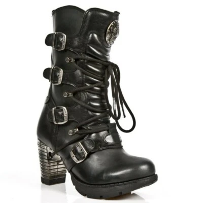 NEW ROCK Boots TR003-S1 Ladies Metallic Black Leather Biker Heel Goth Punk Shoes - Image 1 of 4