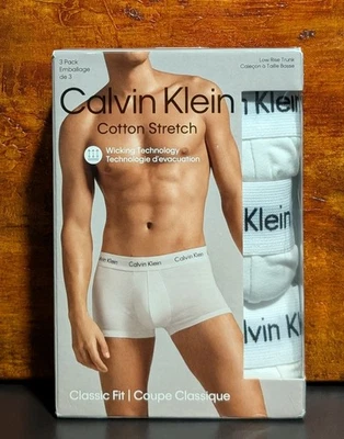Paquete de 3 baúl Calvin Klein para hombre blanco de algodón elástico tiro bajo - talla mediana NUEVO Foto 1 de 4