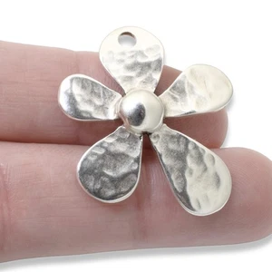 Large Hammered Flower Pendant, 1Pc Silver Artisan Style European Charm, Boho DIY - Picture 1 of 6