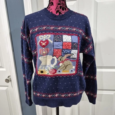 Suéter De Colección Islas del Norte Para Mujer Pequeño Ramie Edredón Retazos Conejito Corazón de Pascua Foto 1 de 4