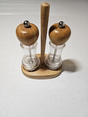 Pampered Chef Bamboo Wood Acrylic Salt and Pepper Mills Grinder with Holder - Image 1 of 2