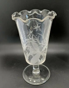 Etched Glass VASE Footed Honeysuckle Floral Flower Ruffled Edge Vintage 8.5" - Picture 1 of 5