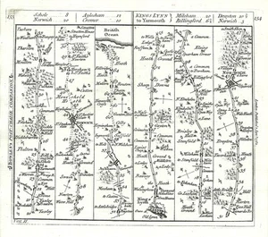 Antike Karte, Ogilby / Bowles, Die Straßen von Ipswich nach Cromer & von etc. - Bild 1 von 1