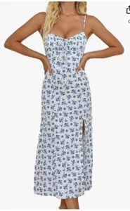 Styllene Blue Floral Size L Tank Dress Sleeveless Spagetti Straps Midi Cami Slit - Picture 1 of 20