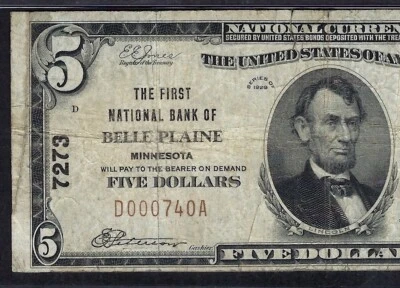 🇺🇸 MN 1929 $5 ♚♚BELLE PLAINE, MINNESOTA♚♚ PMG VF 20 HARD TO FIND! - Image 1 of 3