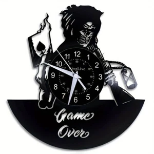 Game Over Design vinyl record wall clock FIRE SHOTGUN SKULL ACE GUNSLINGER - Picture 1 of 2