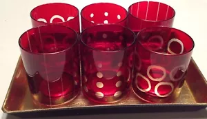 Ruby Red Shot Glass Set Of 6 Etched Bubbles Circles Stripes With Tray - Picture 1 of 8