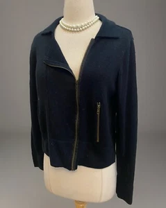 Linda Lucia BLACK STRETCH KNIT Cardigan Asymmetrical Full Zip Size M Vintage 80 - Picture 1 of 6