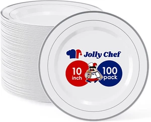 100 Pieces Silver Plastic Plates, 10 Inch Disposable Plates White Plate with Sil - Picture 1 of 12
