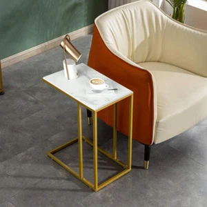 Hard Wearing Gold Sofa Table C Shaped Side End Table Furniture with Marble Top - Picture 1 of 12