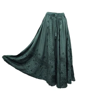 Maxi Skirt Peasant Bohemian Embroidered Rayon Jacquard Full Flare Dark Green - Picture 1 of 10