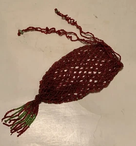 Vintage Draw String Red and green beaded no lining Sm Bag Closure - Picture 1 of 4