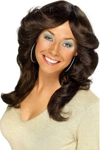 Ladies Seventies Chick Girl 70s Flick Wig Long Wavy Layered Singer Hair Brown - Picture 1 of 1