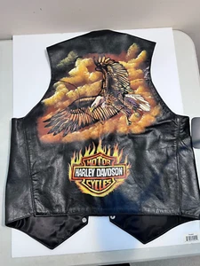RARO GILET IN PELLE DA UOMO VINTAGE HARLEY DAVIDSON DIPINTO A MANO AQUILA CALVA TAGLIA LG 44 - Foto 1 di 7