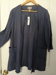 NWT Chico's long duster 100% linen navy blue patch pockets LAGENLOOK EASY 2 = M - Picture 1 of 10